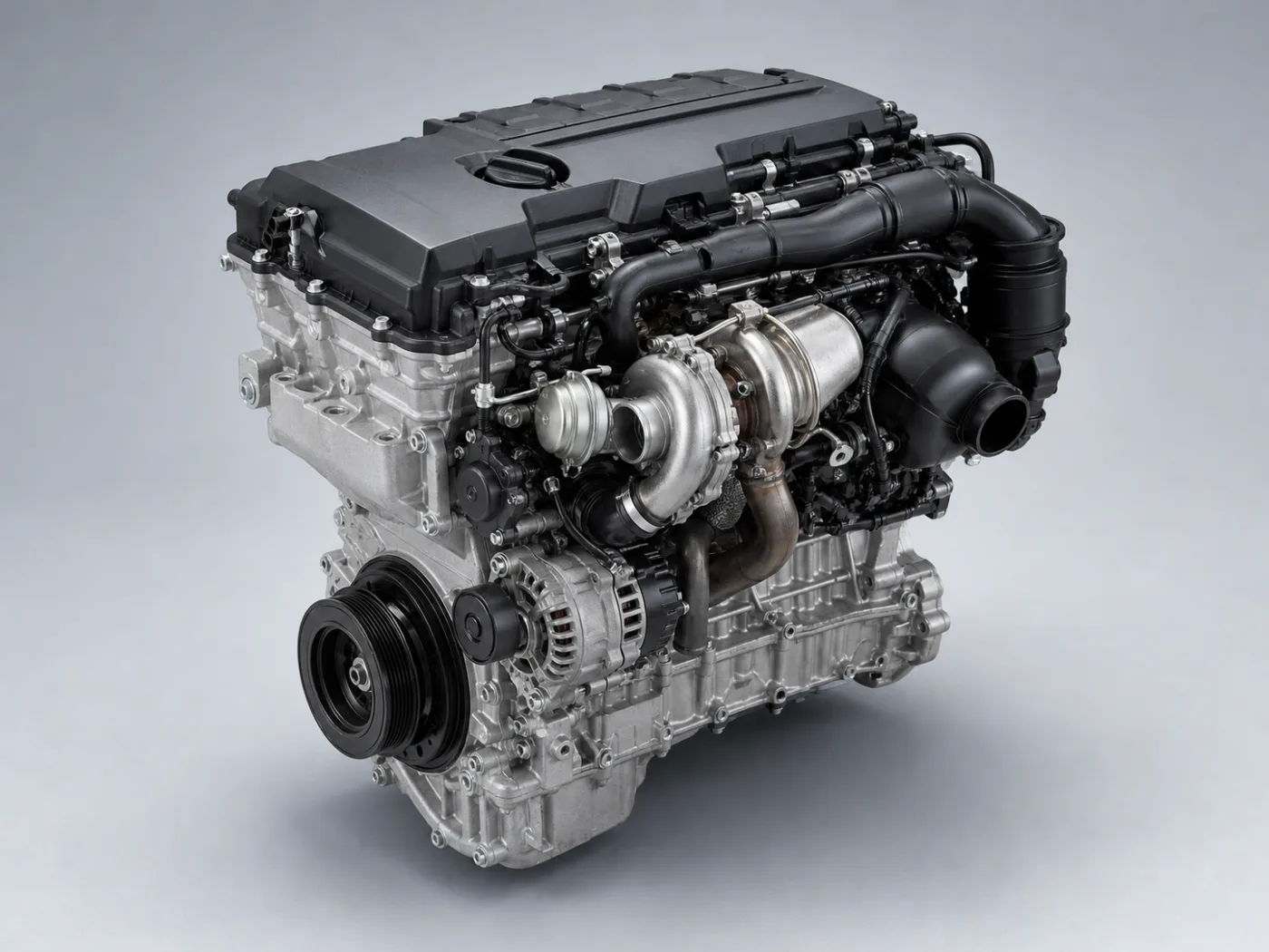 BMW N20 için nötr fonda temsilî turbo benzinli motor katalog görseli — üç çeyrek ana görünüm