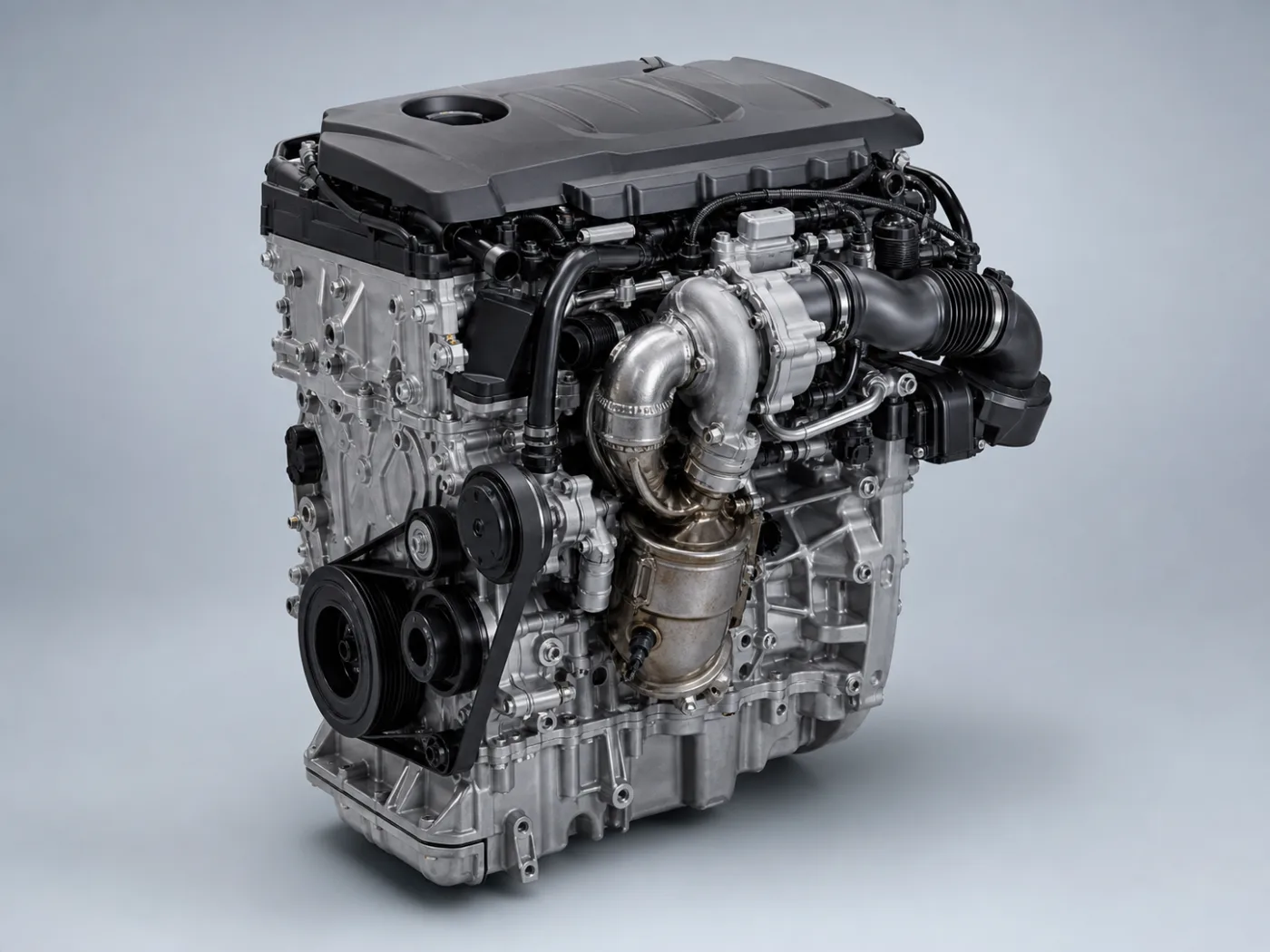 Mercedes-Benz M270 için nötr fonda temsilî turbo benzinli motor katalog görseli — üç çeyrek ana görünüm