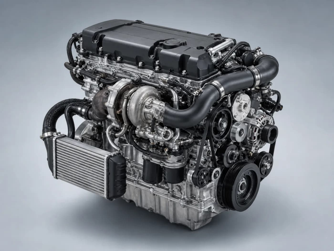 Land Rover 204DTA için nötr fonda temsilî dizel motor katalog görseli — üç çeyrek ana görünüm