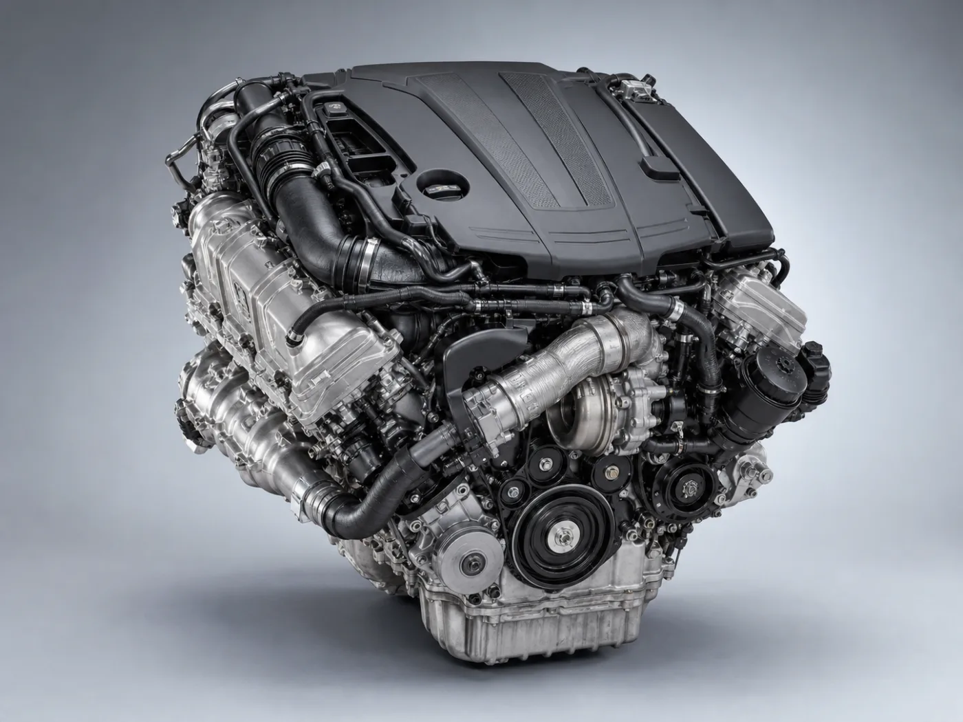 Mercedes-Benz OM642 için nötr fonda temsilî V6 dizel motor katalog görseli — üç çeyrek ana görünüm