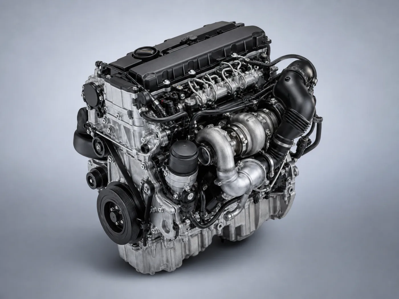 Mercedes-Benz OM651 için nötr fonda temsilî dizel motor katalog görseli — üç çeyrek ana görünüm