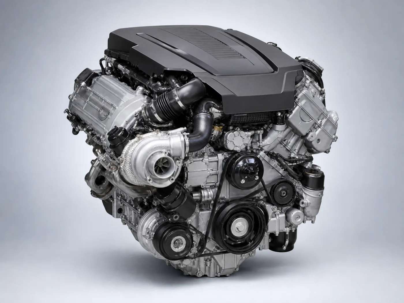 Range Rover 306DT için nötr fonda temsilî V6 dizel motor katalog görseli — üç çeyrek ana görünüm